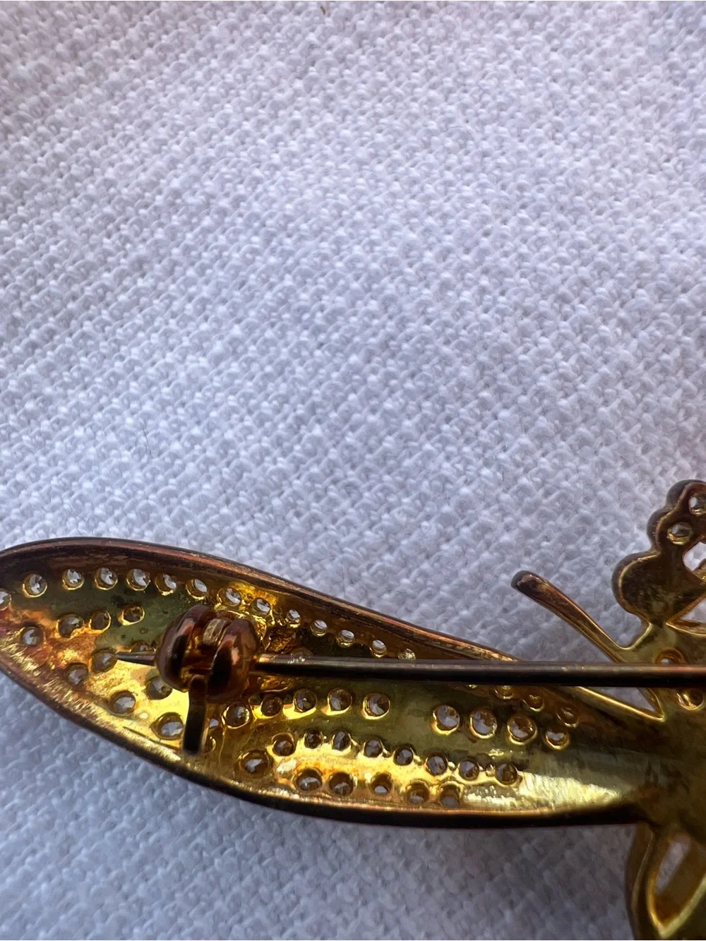 Vintage Art Deco Gold Dragonfly Brooch with Pearl Crystal and Green Accents